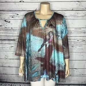Simply Aster by Firmiana NWT Size 3X Bird Print Keyhole Swing Tunic Blouse Top